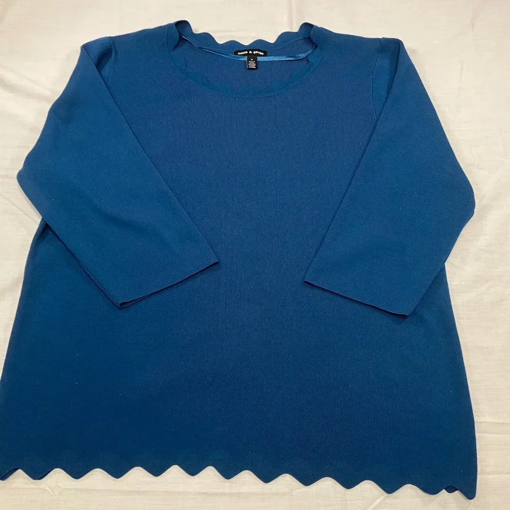 Cable Gauge Teal Blue Scallop Trim Knit Tunic Top Sweater 3/4 Sleeves SZ 2X - Picture 2 of 6